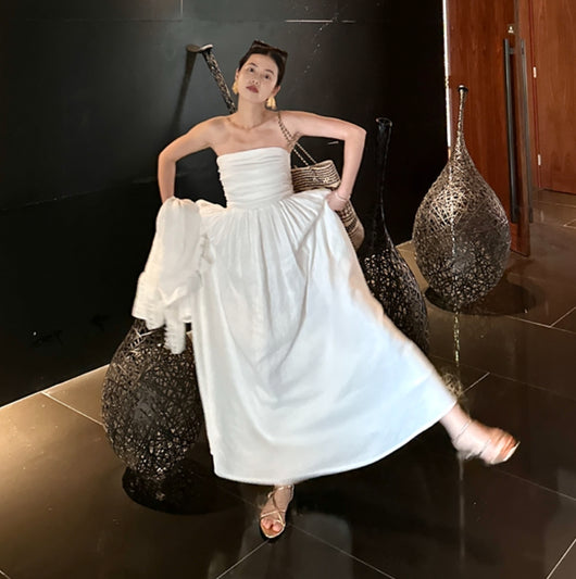 Vestido Tubo de Lino Puro con Pliegues y Tirantes Desmontables Dos en Uno - Image 19