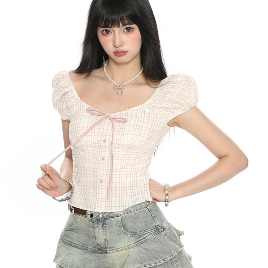 Blusa Corta con Mangas Abullonadas y Moño