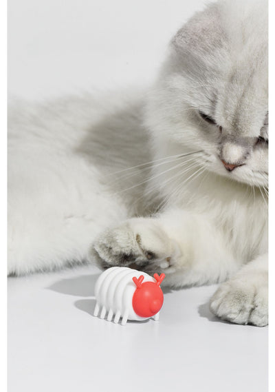 White and red interactive cat toy shaped like a segmented caterpillar with small legs and antennae. - Image 14