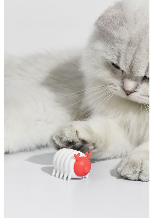 White and red interactive cat toy shaped like a segmented caterpillar with small legs and antennae. - Image 14