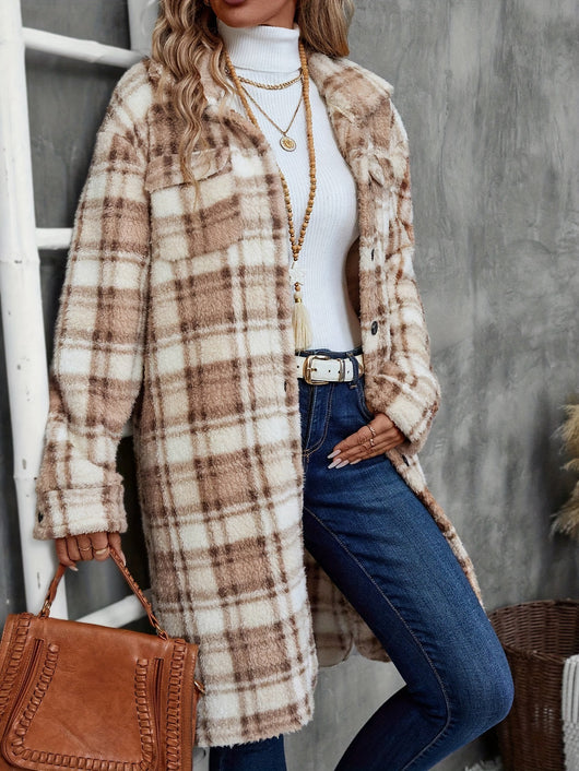 Abrigo Largo Tipo Plaid Impreso para Mujer con Doble Forro Plush y Bolsillos Laterales - Image 9