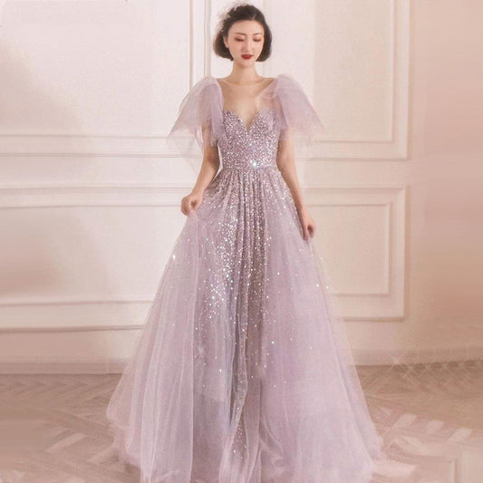 Vestido de Lujo Gris con Mangas Volantes - Elegancia Sofisticada para Eventos