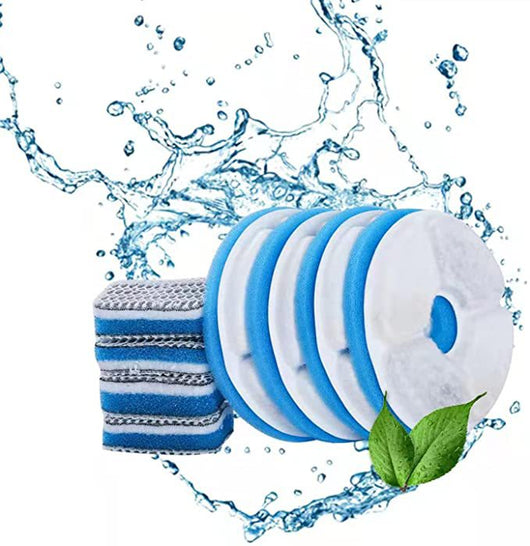 Automatic pet water fountain with clear reservoir, stainless steel top, and flowing water spout, shown with power adapter and filter set. - Image 7