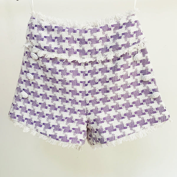 Shorts de Tweed Pata de Gallo Brillantes con Flecos