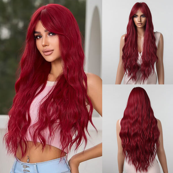 Peluca Ondas Grandes Rojo Rosa Cabello Largo y Rizado