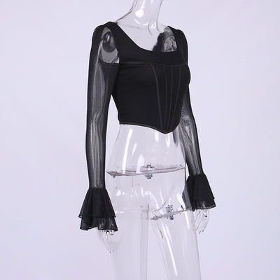 Blusa Crop Top Cuello Cuadrado con Mangas Acampanadas y Malla Efecto Espina de Pescado - Image 16