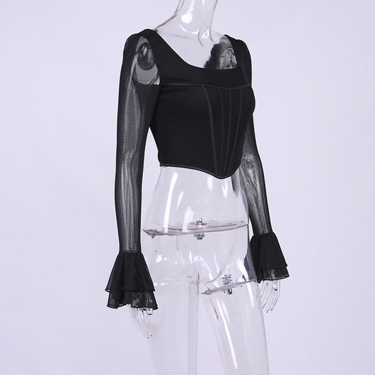 Blusa Crop Top Cuello Cuadrado con Mangas Acampanadas y Malla Efecto Espina de Pescado - Image 16