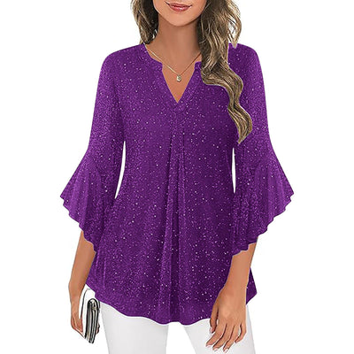 Blusa Suelta de Malla Plateada con Cuello V y Mangas 3/4 Pétalos - Image 30