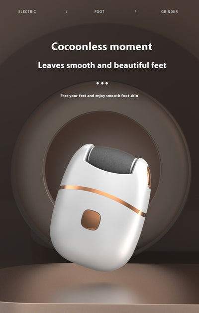 White and gold electric foot callus remover with a roller head, a replacement roller, cleaning brush, and USB cable. - Image 10