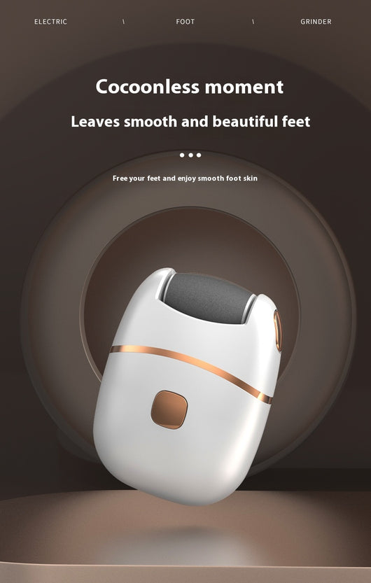White and gold electric foot callus remover with a roller head, a replacement roller, cleaning brush, and USB cable. - Image 10