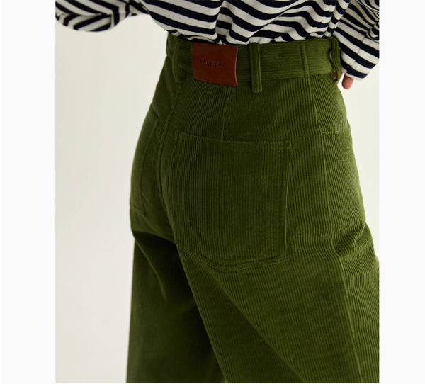 Pantalón Recto Verde Pana Cintura Alta Ajustado Multiuso