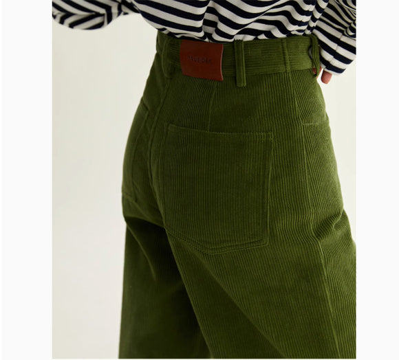 Pantalón Recto Verde Pana Cintura Alta Ajustado Multiuso