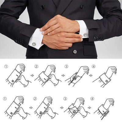 Juego de Clips de Corbata y Gemelos con Cristales Negros y Patrón Floral Esmaltado en Oro y Plata - Image 63