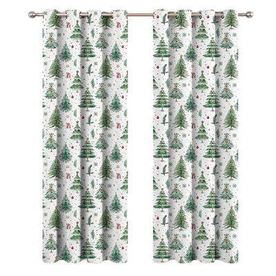 White Christmas curtains with green trees, red ornaments, and gold stars, hung on a silver rod. - Image 5