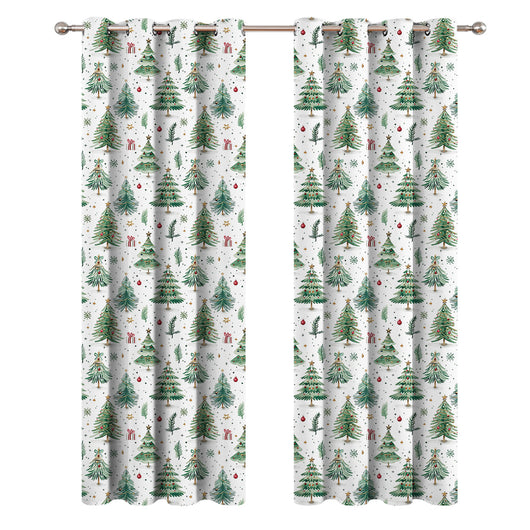 White Christmas curtains with green trees, red ornaments, and gold stars, hung on a silver rod. - Image 5