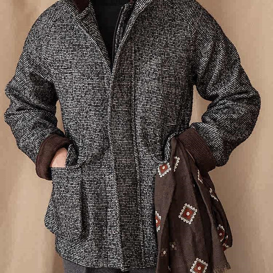Abrigo de Lana Vintage Cuello Mao Invierno Cálido