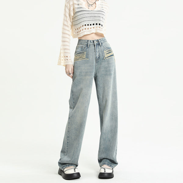 Pantalones Rectos Talle Alto con Roturas para Mujer