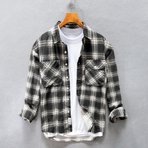 Camisa Cuadriculada de Algodón Puro para Hombre - Diseño Casual Holgado y Abrigo Reforzado