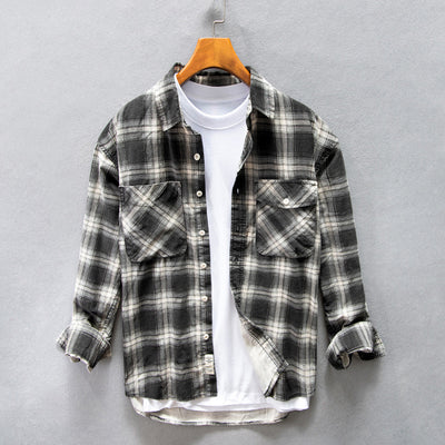 Camisa Cuadriculada de Algodón Puro para Hombre - Diseño Casual Holgado y Abrigo Reforzado