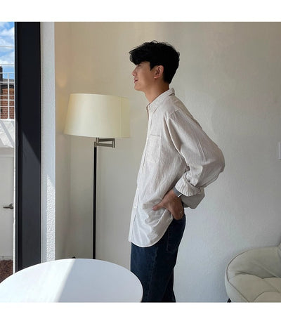 Camisa Casual Holgada de Manga Larga a Rayas para Hombre - Image 10