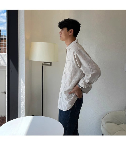 Camisa Casual Holgada de Manga Larga a Rayas para Hombre - Image 10