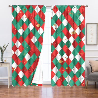 Christmas curtain with a snowy village scene, Santa Claus, flying reindeer, and piles of wrapped gifts. - Image 26