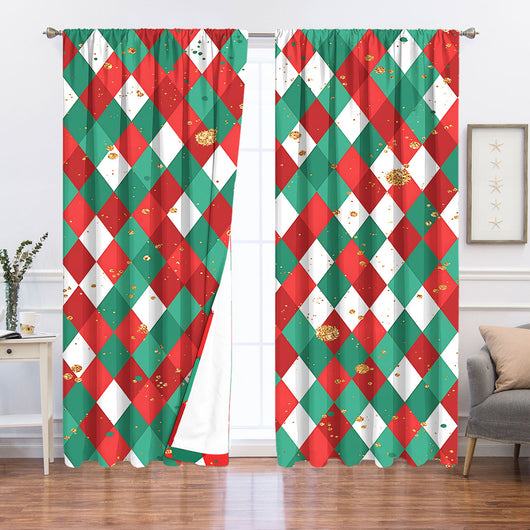 Christmas curtain with a snowy village scene, Santa Claus, flying reindeer, and piles of wrapped gifts. - Image 26