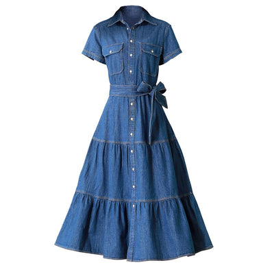 Vestido Camisero de Algodón con Falda Larga y Detalle Denim - Image 5