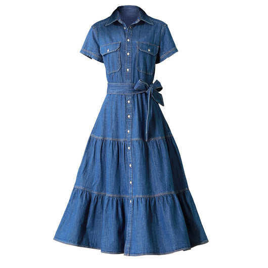 Vestido Camisero de Algodón con Falda Larga y Detalle Denim - Image 5