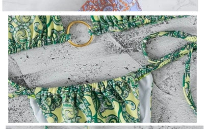 Green and yellow paisley print two-piece bikini swimsuit with a triangle top and tie-side thong bottom. - Image 13