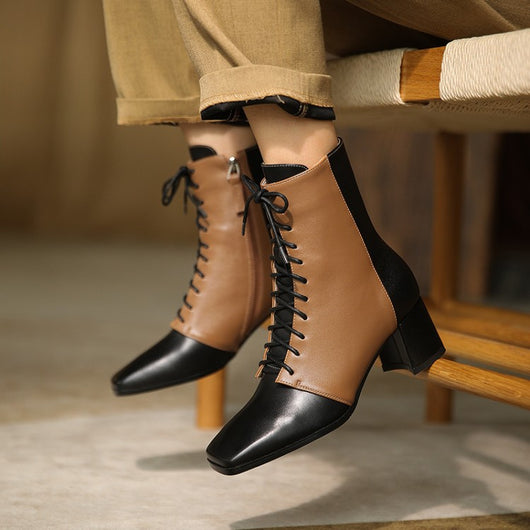 Botas de Cuero Retro con Bloque de Color, Punta Cuadrada y Tacón Grueso - Image 13