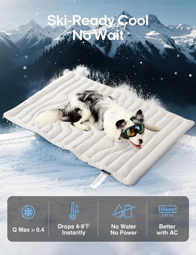 Golden retriever wearing sunglasses on a light gray quilted pet cooling mat, floating on icy blue water. - Image 16