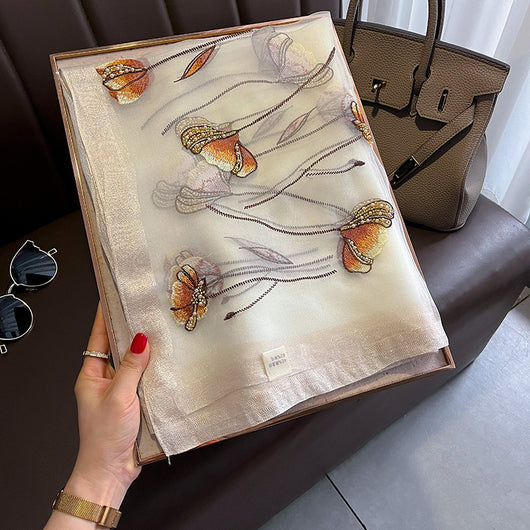 Bufanda de Seda Bordada Estilo Chino con Flores de Perla - Chal Cálido para Mujer - Image 4