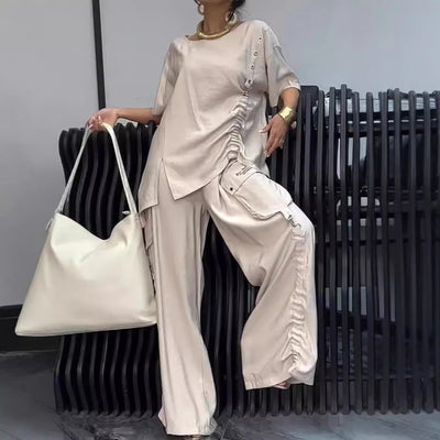 Conjunto de Verano: Blusa Cuello Redondo y Pantalón Casual para Mujer