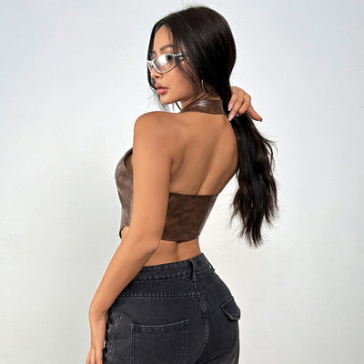 Top Halter Unicolor con Encaje y Ajuste Anudado para Mujer - Image 4