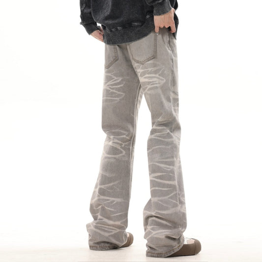 Jeans Rectos Desgastados a Mano Gris Mud con Rayas Retro - Image 2