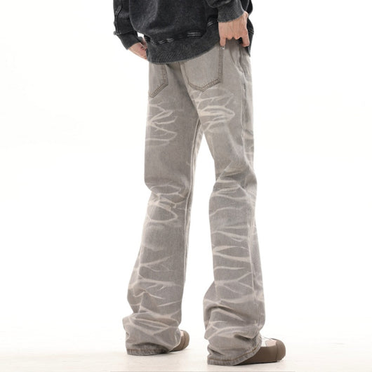 Jeans Rectos Desgastados a Mano Gris Mud con Rayas Retro - Image 2