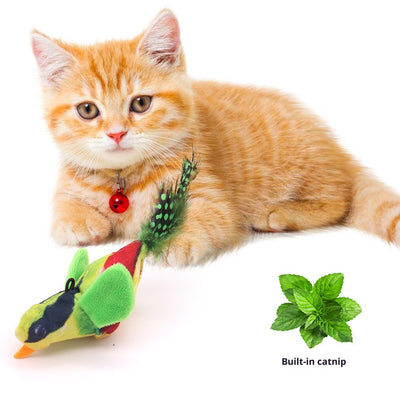 Plush bird cat toy with orange chest, brown body, and real speckled feathers, includes a yellow hanging rope. - Image 3