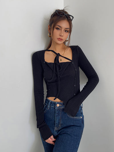 Blusa Larga con Cordones Irregulares y Superposición de Encaje - Image 10