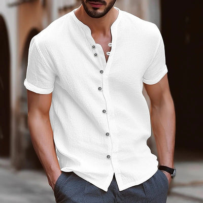 Camisa Retro de Algodón y Lino para Hombre con Botones - Manga Corta Casual