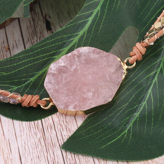Pulsera de Piedra Natural Cuarzo Rosa con Envolvente de Cuero - 5 Vueltas Gemas - Image 9