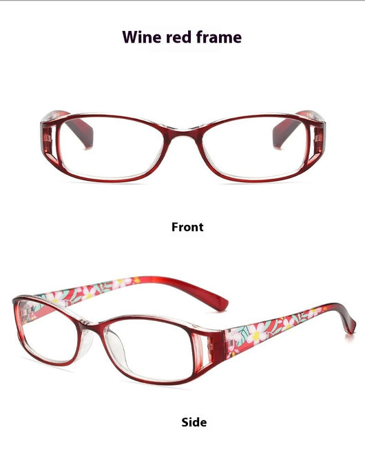 Women's lightweight fashion reading glasses with a red frame and colorful floral print temples. - Image 12
