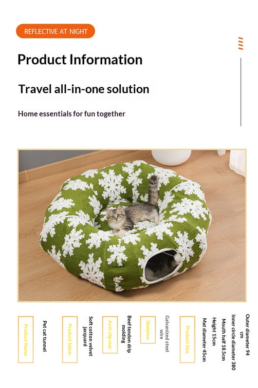 Cama Túnel Navideño para Mascotas con Diseño de Copos de Nieve Verde - Image 14