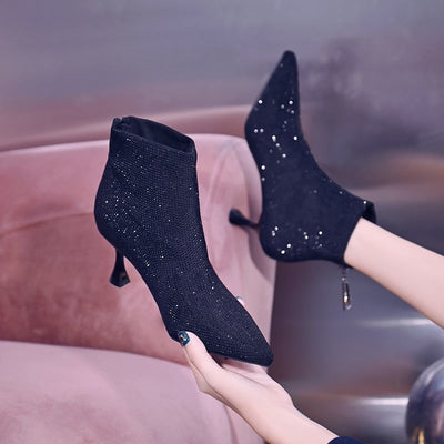 Botas Stiletto con Punta Afilada y Cristales Brillantes