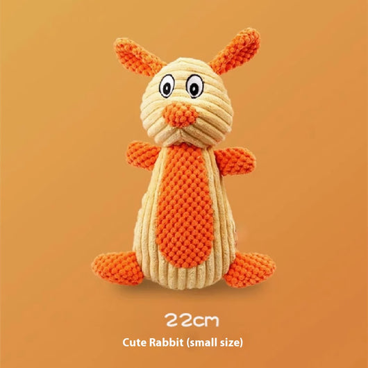 Plush rabbit pet toy with a beige ribbed body and orange textured ears, nose, belly, and feet, featuring a squeaker. - Image 7