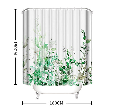 White shower curtain with a vibrant green botanical leaf print, hanging in a bright, modern bathroom. - Image 11