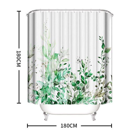 White shower curtain with a vibrant green botanical leaf print, hanging in a bright, modern bathroom. - Image 11