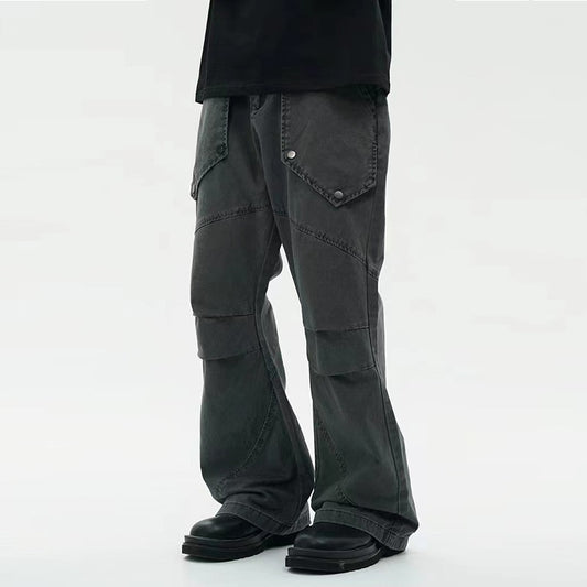 Pantalones Sueltos Efecto Lavado Negro con Bolsillos Grandes y Bota Acampanada