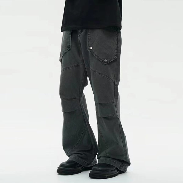 Pantalones Sueltos Efecto Lavado Negro con Bolsillos Grandes y Bota Acampanada