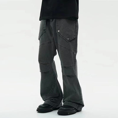Pantalones Sueltos Efecto Lavado Negro con Bolsillos Grandes y Bota Acampanada